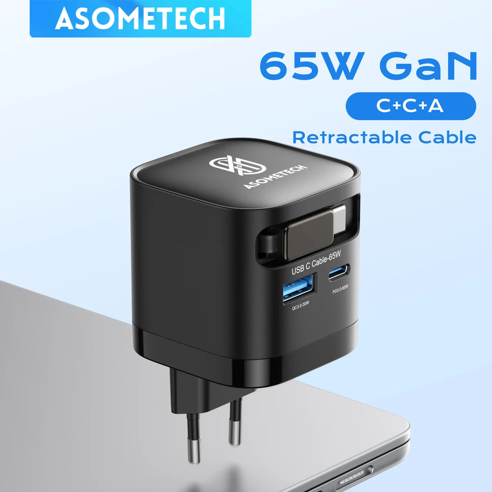 65W GaN USB-C Charger with Retractable Cable – Multi-Plug
