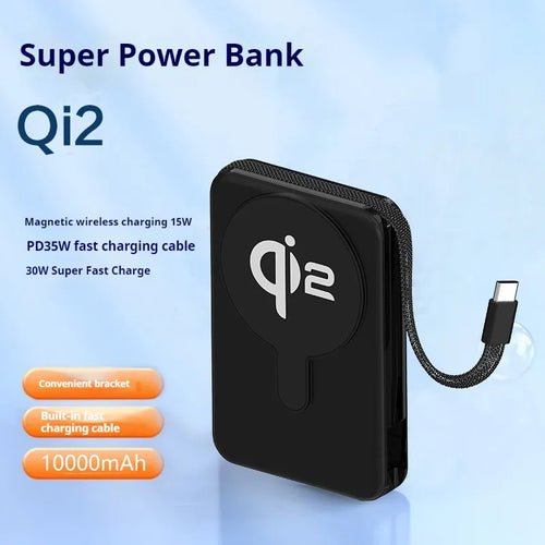 Black 10000mAh Qi2 magnetic wireless power bank with cable